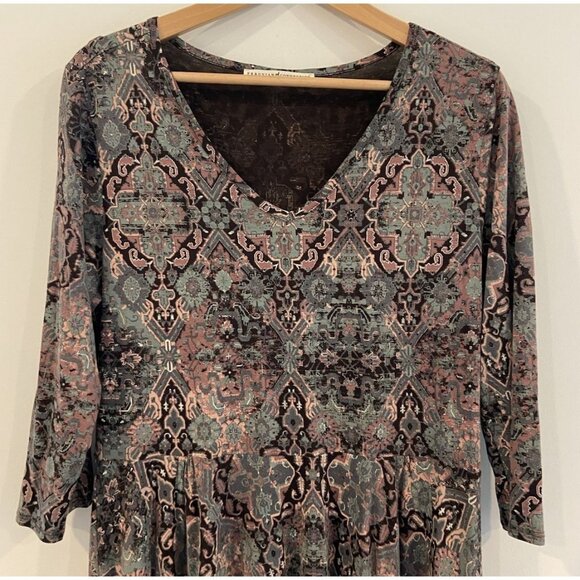 Peruvian Connection Dress Pima Cotton Modal Long Sleeve Blue Black Mauve Large L - Picture 2 of 5